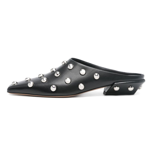 Women's Studded Square Toe Slip On Black Block Heel Mules Shoes