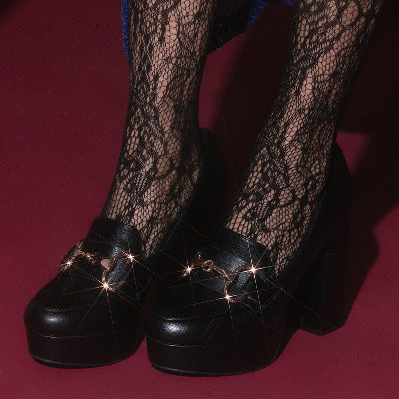 Black Round Toe Chunky Heel Horsebit Platform Loafers Women