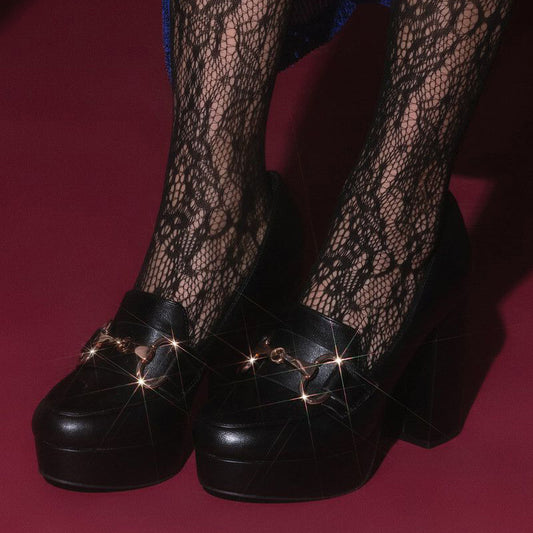 Black Round Toe Chunky Heel Horsebit Platform Loafers Women