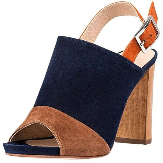 Navy and Camel Vegan Suede Slingback Shoes Peep Toe Chunky Heels