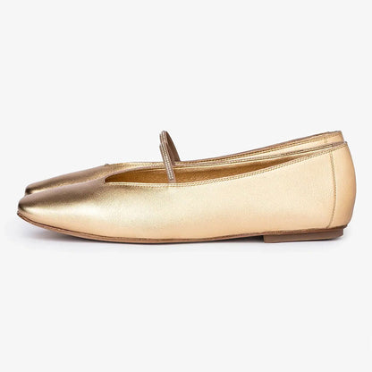 Women's Gold Metallic Finish Square Toe Rhinestone Trim Strap Flats