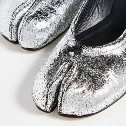 Silver Crinkled Metallic Split Round Toe Flats with Decorative Knot