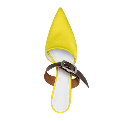Yellow Slip-On Buckle Strap Kitten Heel Mule Shoes for Women