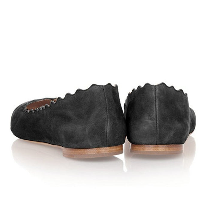 Black Round Toe Stacked Heel Scalloped Ballet Flats for Women