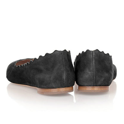 Black Round Toe Stacked Heel Scalloped Ballet Flats for Women