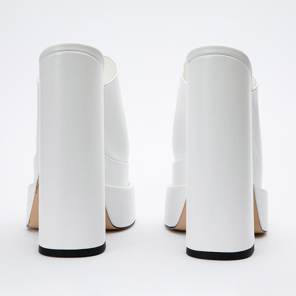 Women's White Open Square Toe High Heel Double Platform Mules