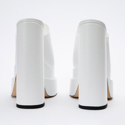 Women's White Open Square Toe High Heel Double Platform Mules