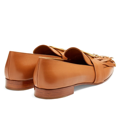 Tan Round Toe Fringe Flats Circle Buckle Studded Loafer Shoes Women