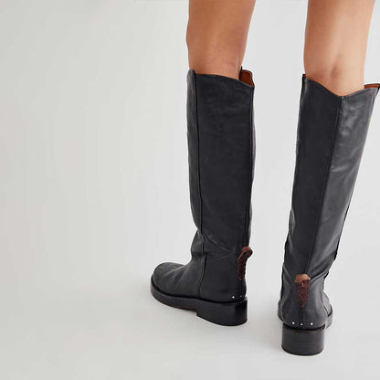 Black Vegan Leather Round Toe Low Heel Knee High Boots for Women