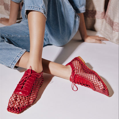 Red Mesh Sophisticated Square Toe Flats Woven Lace-Up Shoes