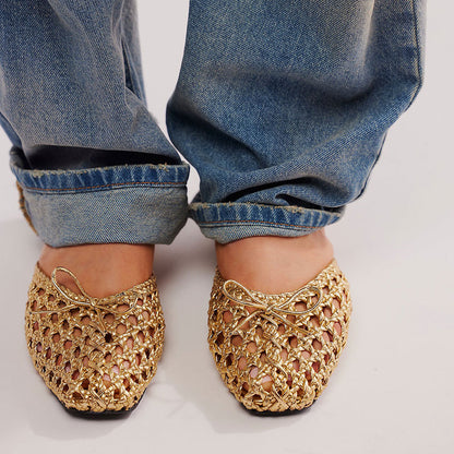 Gold Metallic Finish Square-Toe Woven Slip-On Comfy Flat Mules