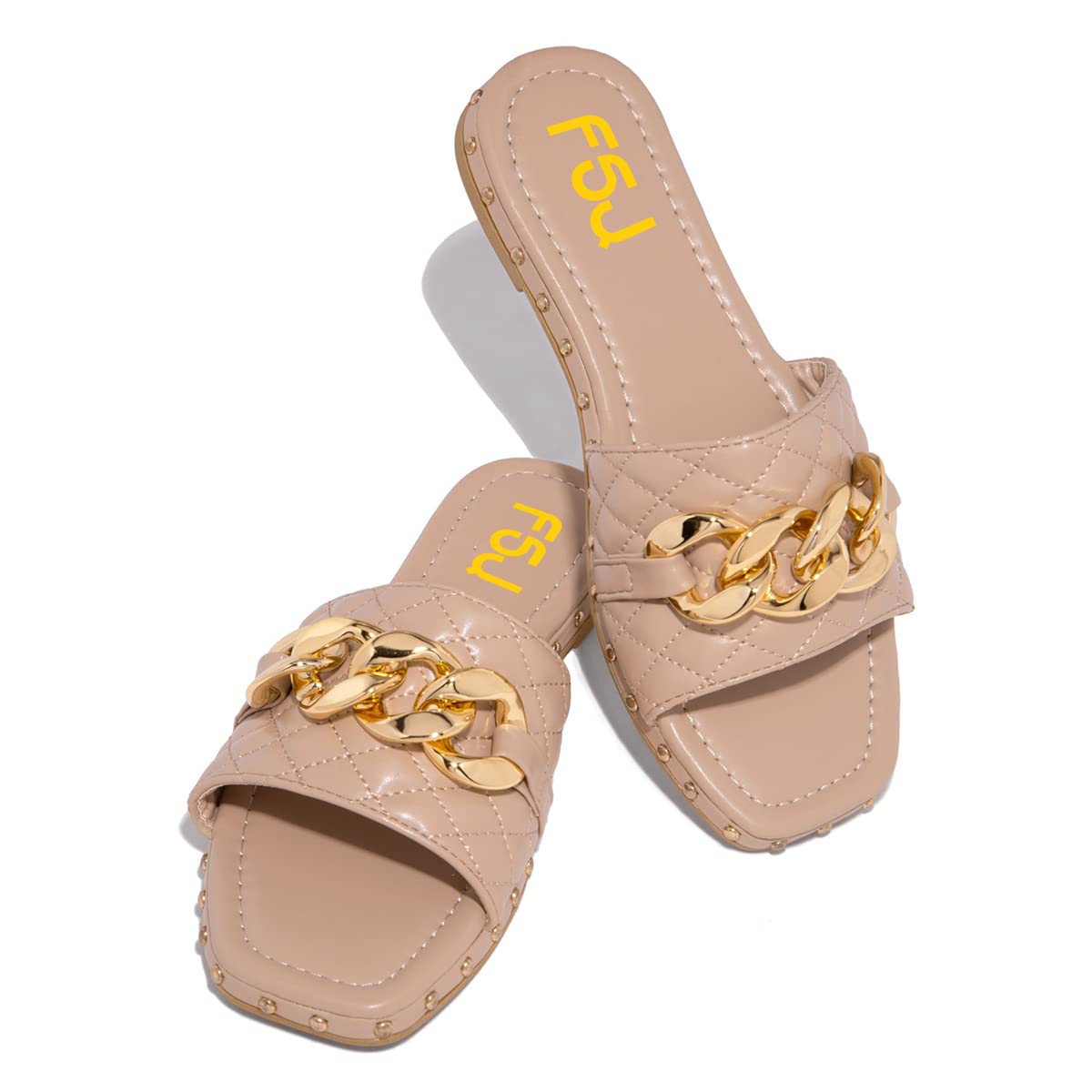 Beige Square Toe Flat Mule Sandals with Gold Chain