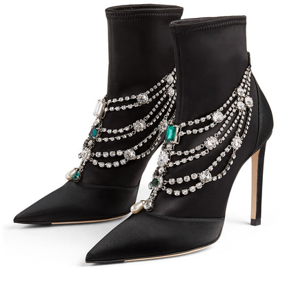 Black Satin Booties Faux Crystal Chain Stiletto Heel Ankle Boots