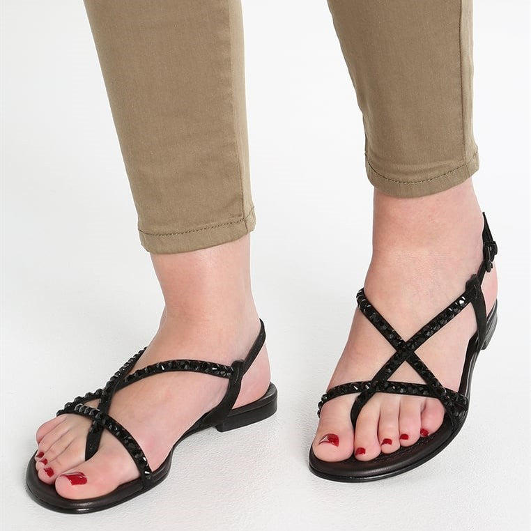 Black Rhinestone Flats Open Toe Summer Sandals