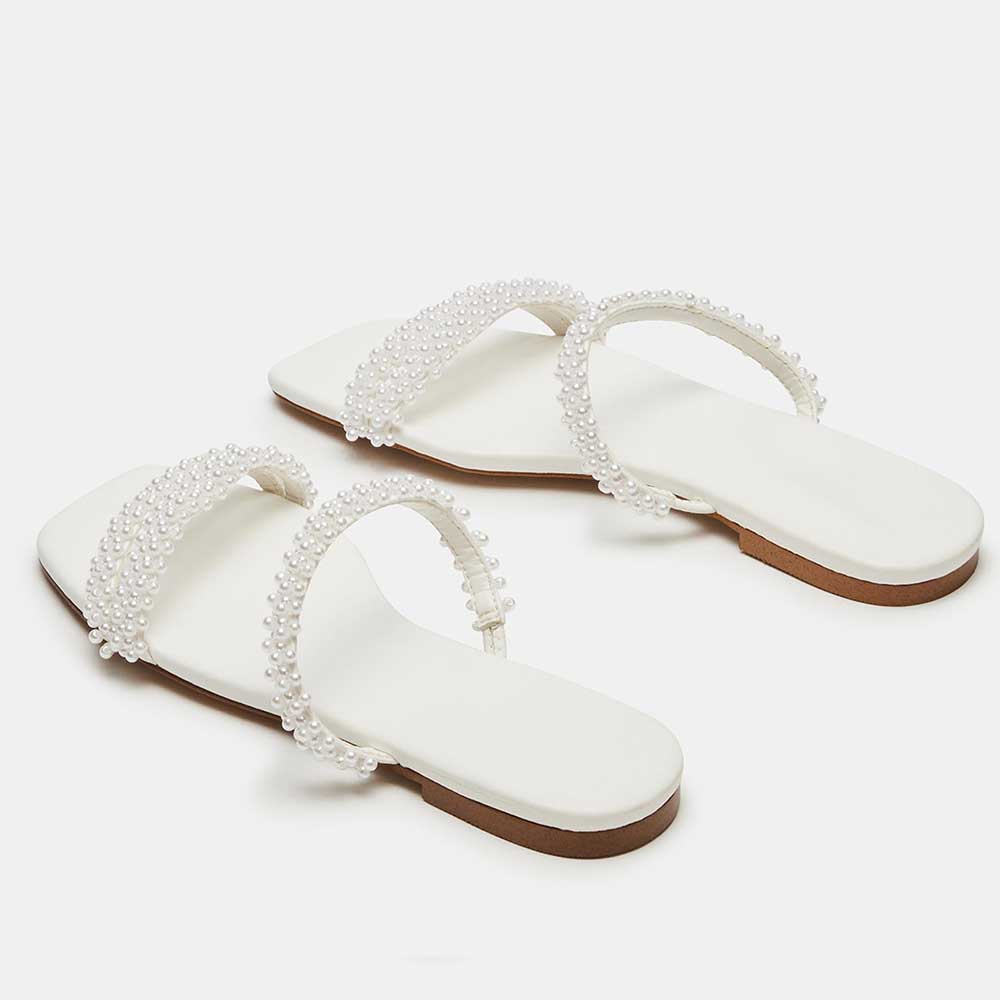 Women's Vegan Leather Square Toe Pearl Inlay Flat White Slippers