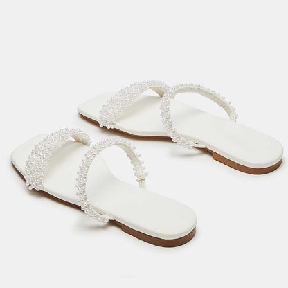 Women's Vegan Leather Square Toe Pearl Inlay Flat White Slippers