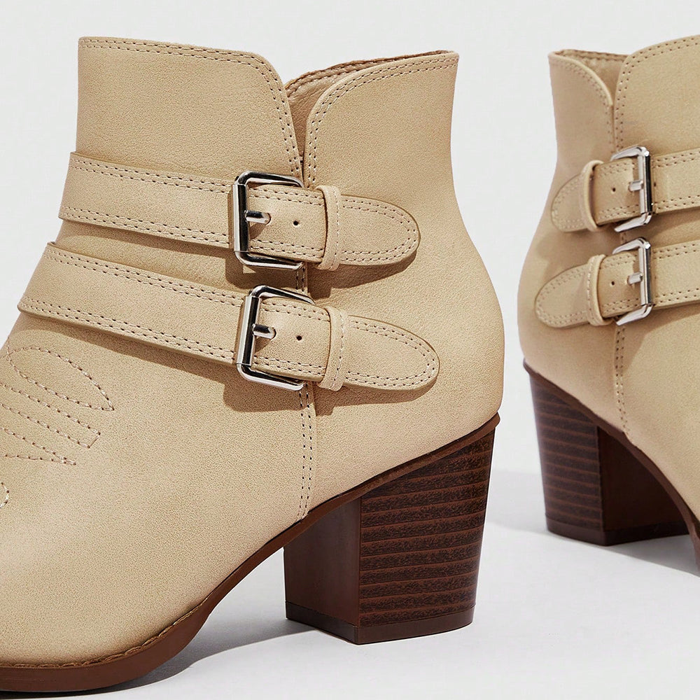 Beige Pointed Toe Chunky Heel Ankle Boots with Buckle