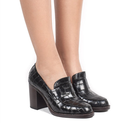 Black Round Toe Croco Embossed Heeled Loafers for Women