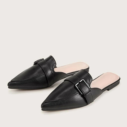 Black Pointed Toe Flats Buckle Mule Loafers for Women