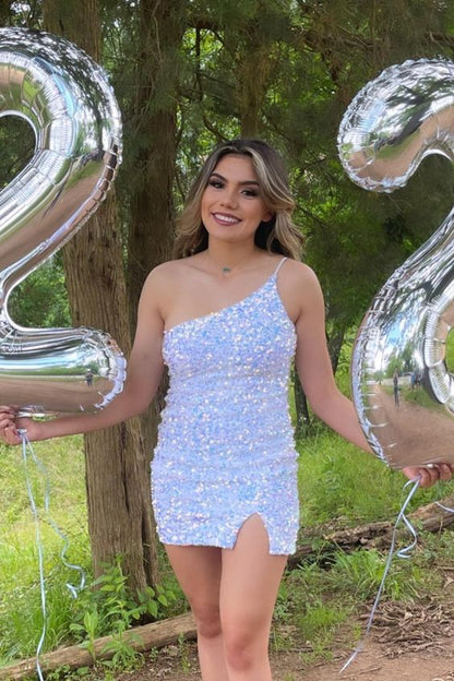 PM242,One shoulder sequin tight homecoming dresses mini party gown