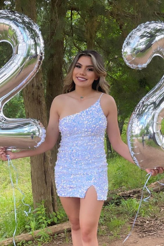 PM242,One shoulder sequin tight homecoming dresses mini party gown