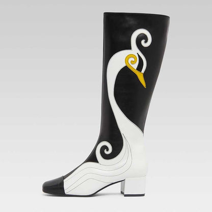 Black & White Square Toe Swan Patchwork Heeled Knee High Boots