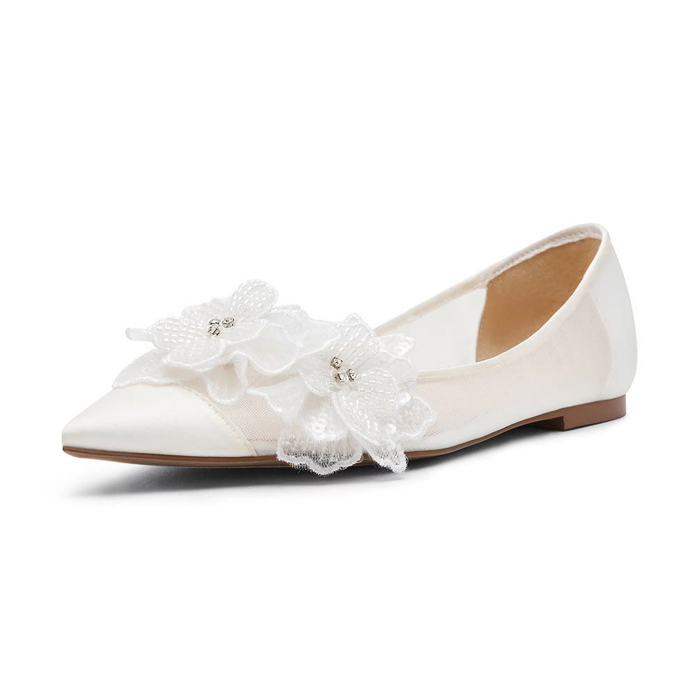 White Mesh Pointed Toe Delicate Flower Decor Bride Flats