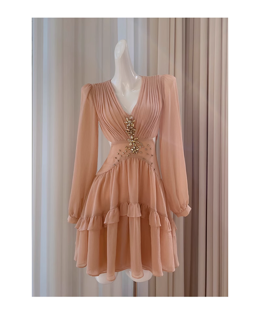 Retro Beading Design A-line Chiffon Long- sleeved V-neck Party Dresses Homecoming Dresses, TP3807