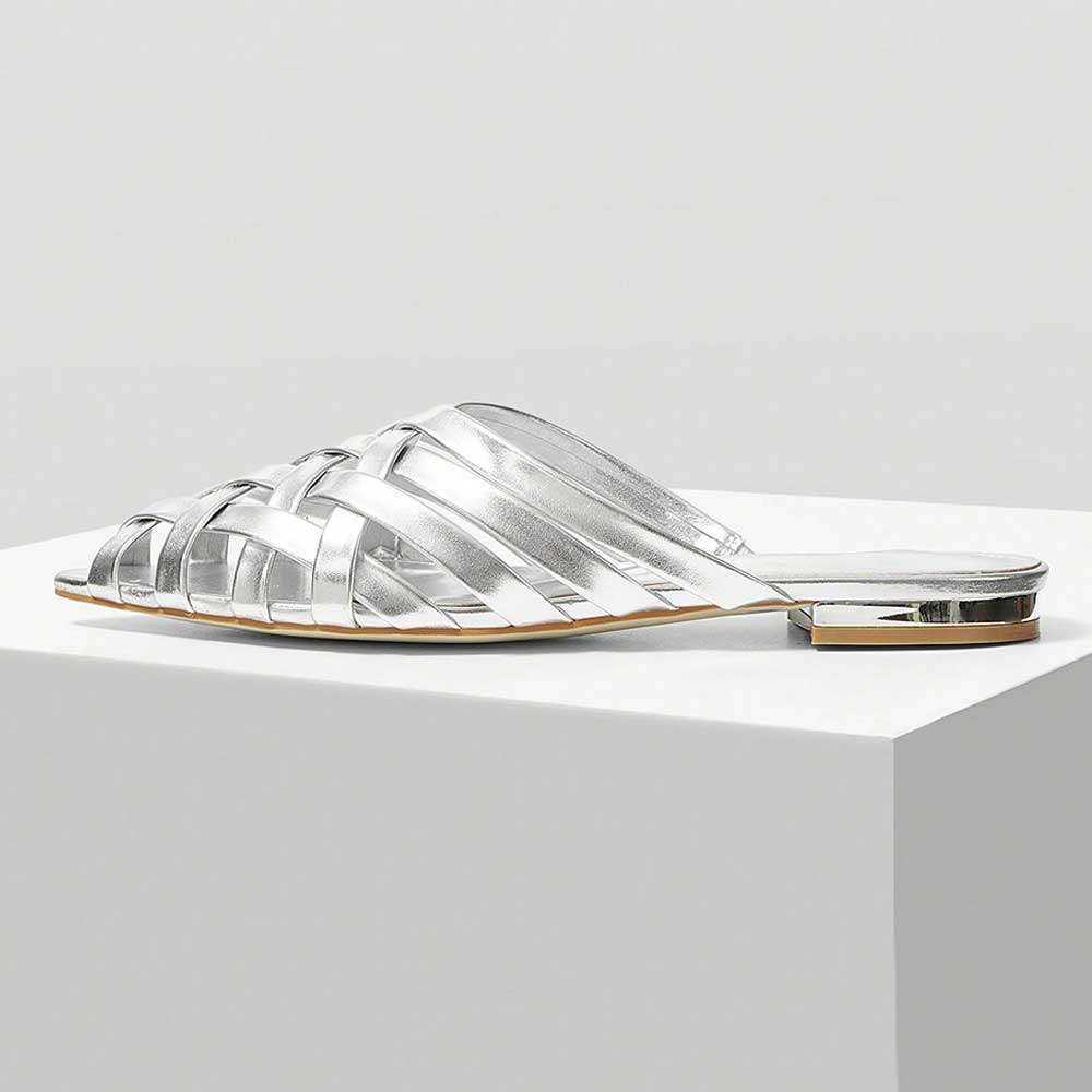 FSJ Metallic Finish Woven Pointed Toe Silver Flat Mules Shoes