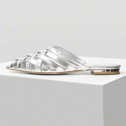 FSJ Metallic Finish Woven Pointed Toe Silver Flat Mules Shoes