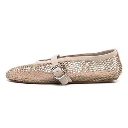 Women's Beige Round Toe Buckle Strap Classic Mesh Flats