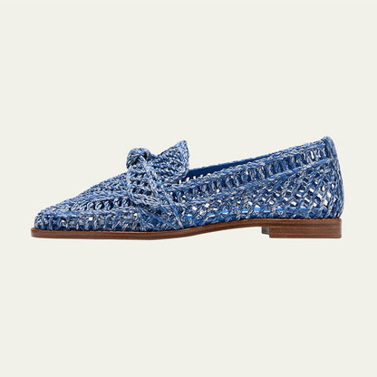Blue Braided Raffia Round Toe Flat Women's Loafers with Knotted Bow