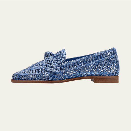 Blue Braided Raffia Round Toe Flat Women's Loafers with Knotted Bow