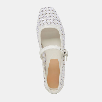 FSJ Casual White Sqaure Toe Cut-Out Ballet Flats with Straps