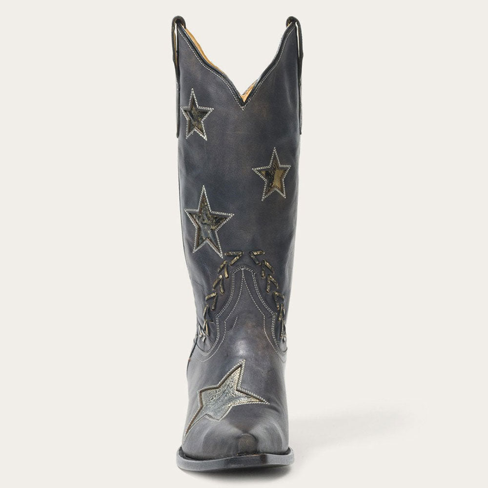Distressed Black Snip Toe Stitching Star Inlay Mid-Calf Cowgirl Boots