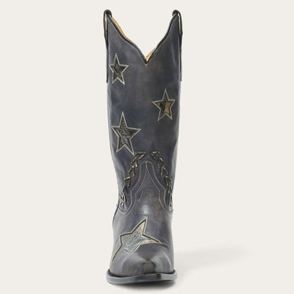 Distressed Black Snip Toe Stitching Star Inlay Mid-Calf Cowgirl Boots