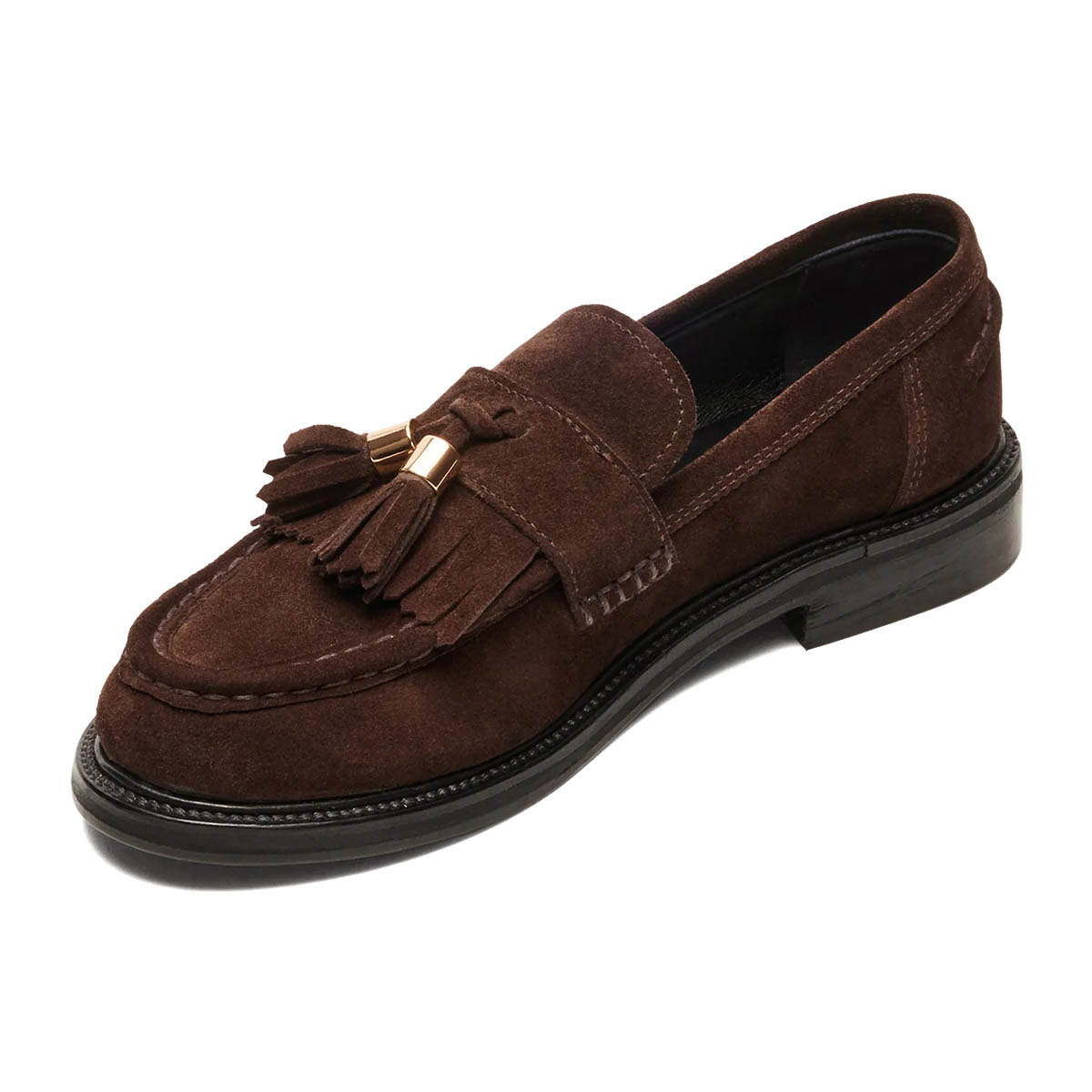 Brown Vegan Suede Fringe Moc Toe Low Heel Pull-On Womens Loafers