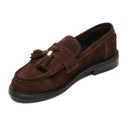 Brown Vegan Suede Fringe Moc Toe Low Heel Pull-On Womens Loafers
