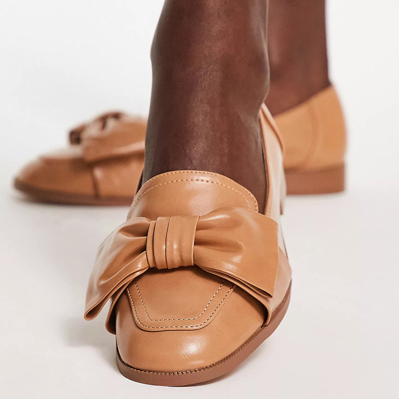 FSJ Khaki Almond Toe Bow Embellished Flats Women's Loafers