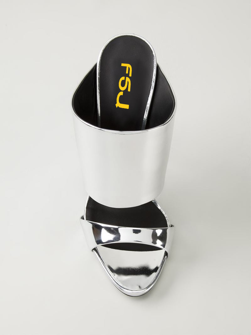 Silver Patent Leather Open Toe Wide Band Stiletto Heel Mules Sandals