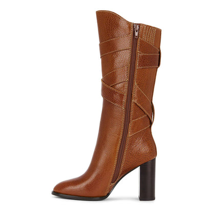 Brown Chunky Heel Buckle Strap Studded Mid Calf Boots with Zipper