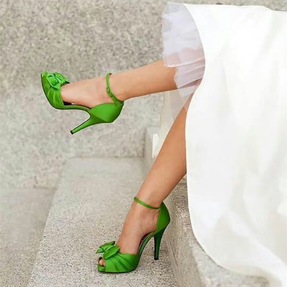Elegant Green Satin Pleated Bow Heels Peep Toe Ankle Strap Sandals