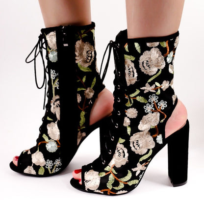 Black Lace-Up Floral Slingback Chunky Heel Ankle Boots