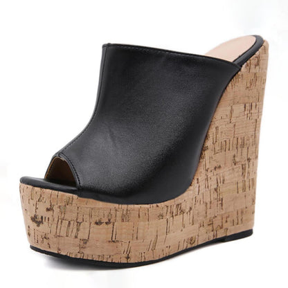 Black Cork Wedge Heels Peep Toe Platform Mules Shoes for Women