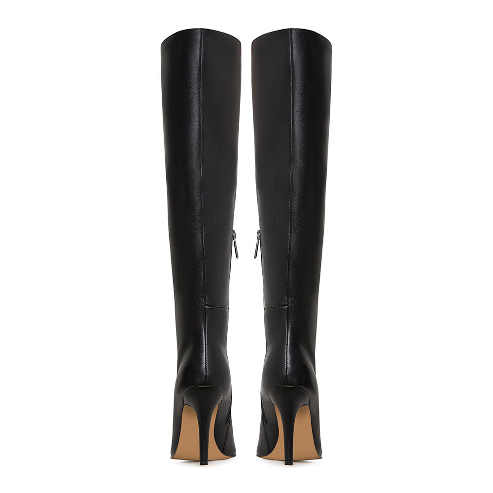 Black Pointed Toe Half-Zipper Stiletto Heel Knee High Boots for Women