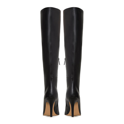 Black Pointed Toe Half-Zipper Stiletto Heel Knee High Boots for Women