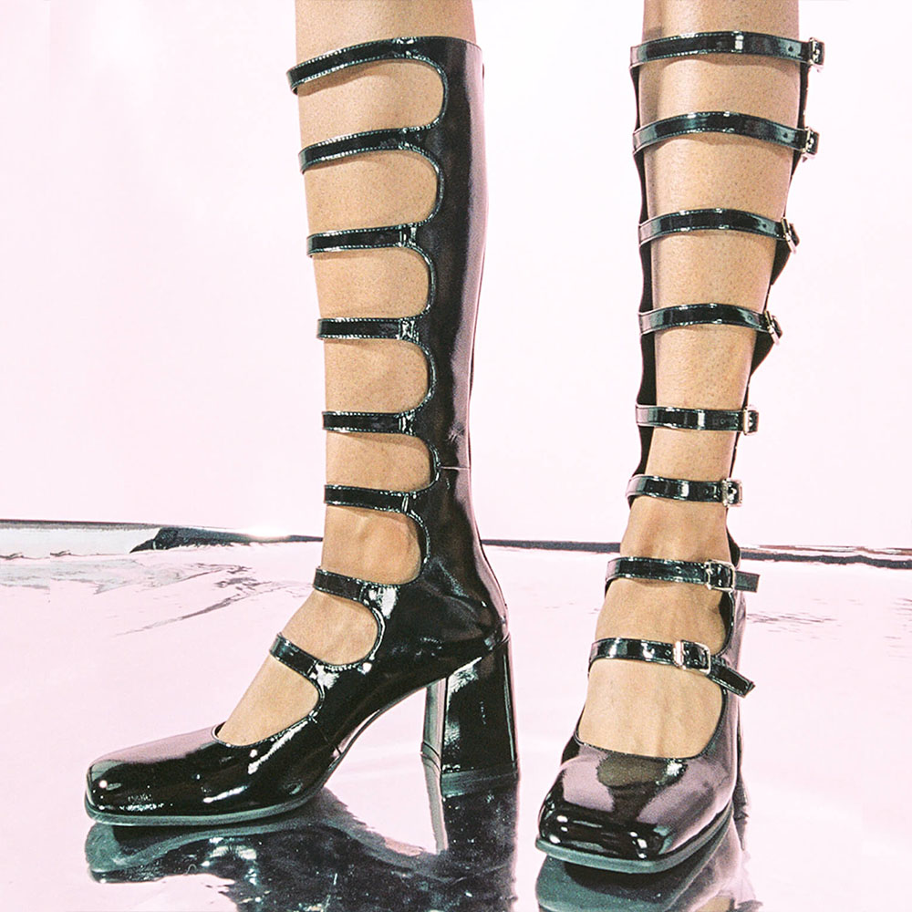 Black Closed Toe Block Heel Strappy Knee High Boots