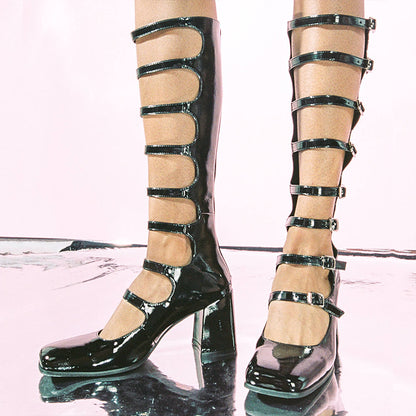 Black Closed Toe Block Heel Strappy Knee High Boots