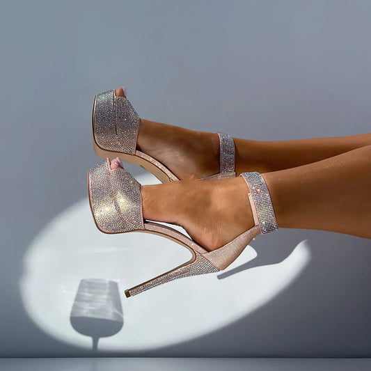 Women's Rhinestone Peep Toe Heels Velcro Ankle Strap Platform Pumps
