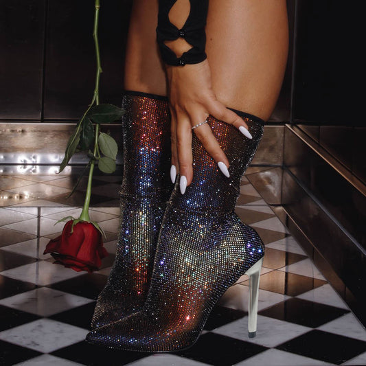 Women's Sparkly Pointed Toe Gradient Rhinestone Heeled Sock Boots